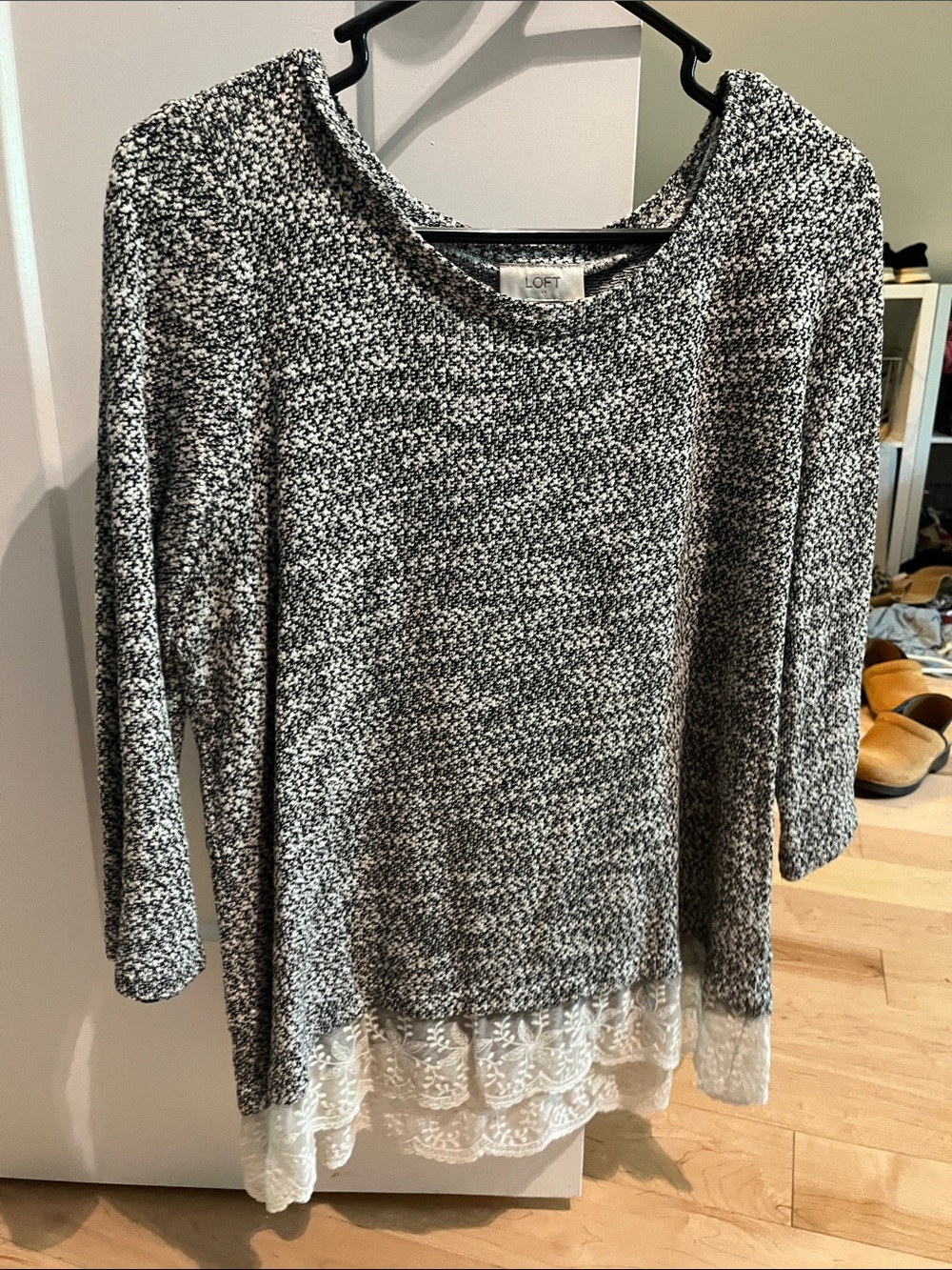 LOFT Black & White Marled Knit Pullover with Lace Hem